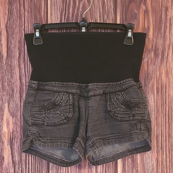 Jolt Black High Waist Shorts with Distressed Denim Maternity - Picture 1 of 3